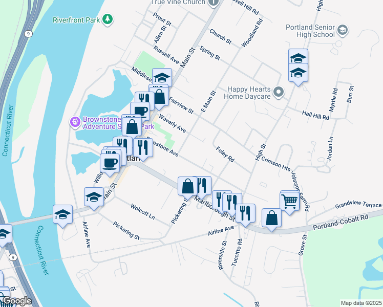 map of restaurants, bars, coffee shops, grocery stores, and more near 6 East Main Street in Portland