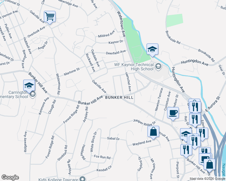 map of restaurants, bars, coffee shops, grocery stores, and more near 42 Greenfield Avenue in Waterbury