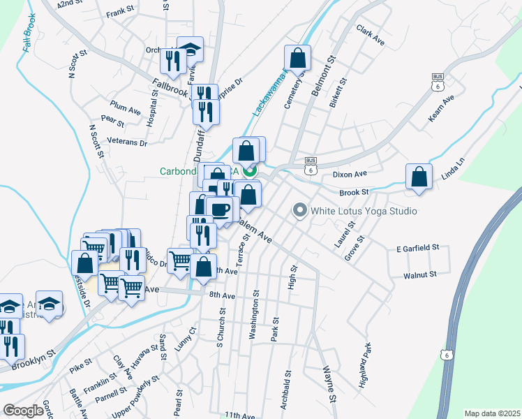 map of restaurants, bars, coffee shops, grocery stores, and more near 50 North Church Street in Carbondale