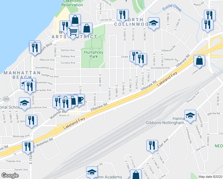 map of restaurants, bars, coffee shops, grocery stores, and more near 1237 East 167th Street in Cleveland