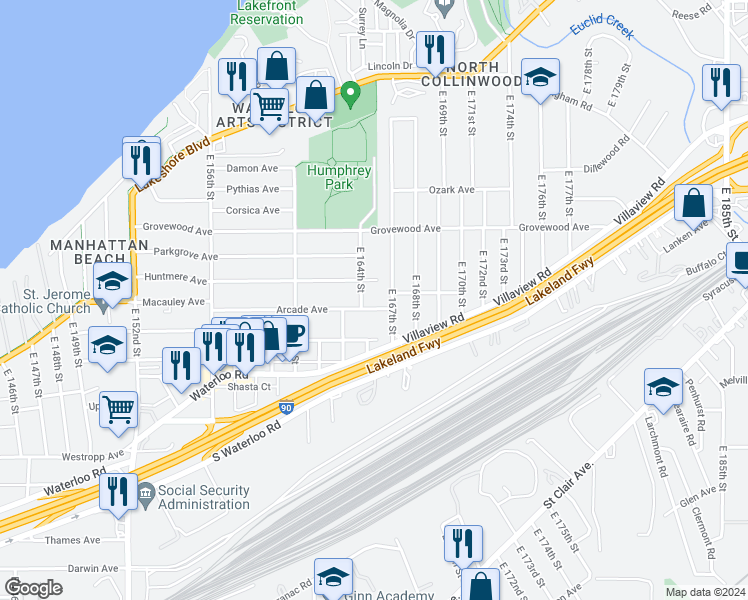 map of restaurants, bars, coffee shops, grocery stores, and more near 16402 Huntmere Avenue in Cleveland