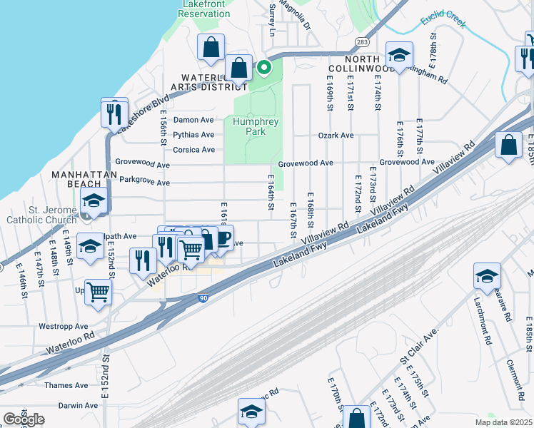 map of restaurants, bars, coffee shops, grocery stores, and more near 16402 Huntmere Avenue in Cleveland