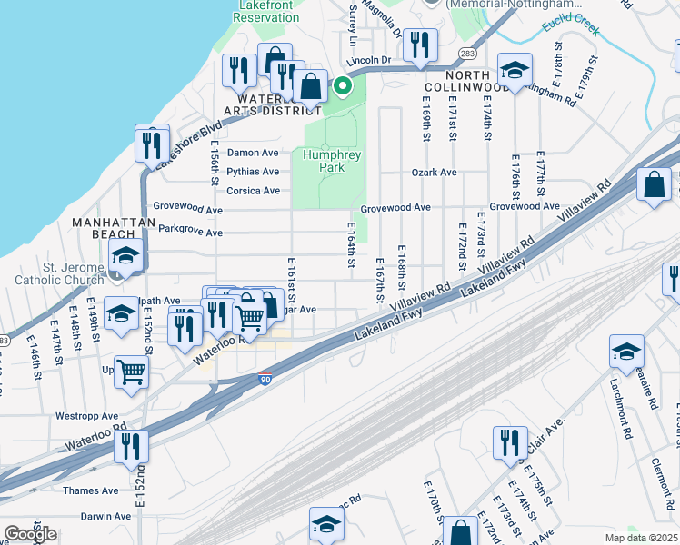 map of restaurants, bars, coffee shops, grocery stores, and more near 16402 Huntmere Avenue in Cleveland