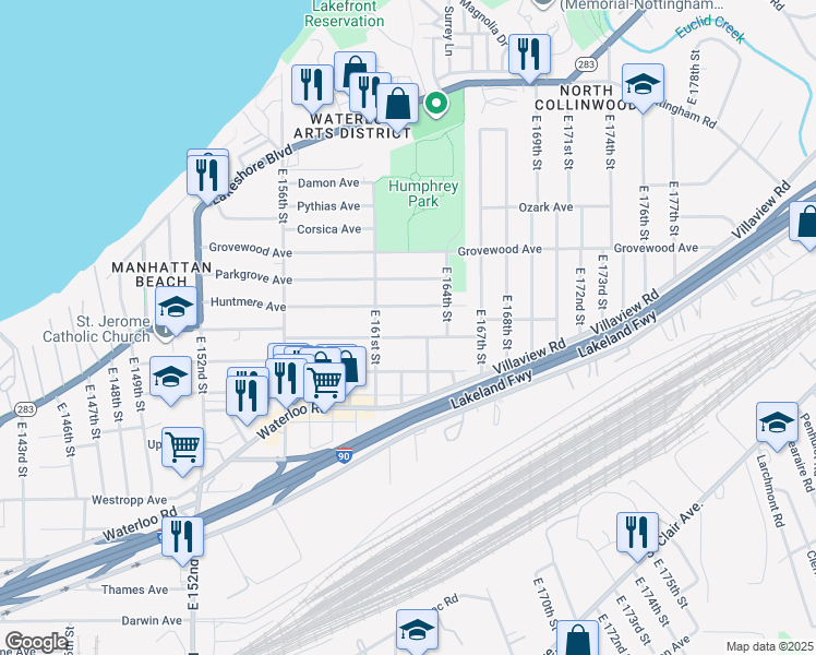 map of restaurants, bars, coffee shops, grocery stores, and more near 16210 Huntmere Avenue in Cleveland