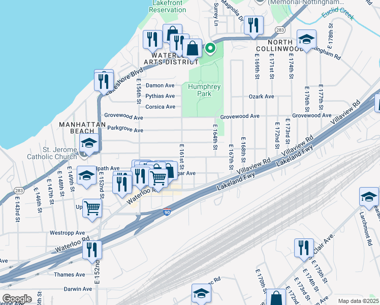 map of restaurants, bars, coffee shops, grocery stores, and more near 16210 Huntmere Avenue in Cleveland