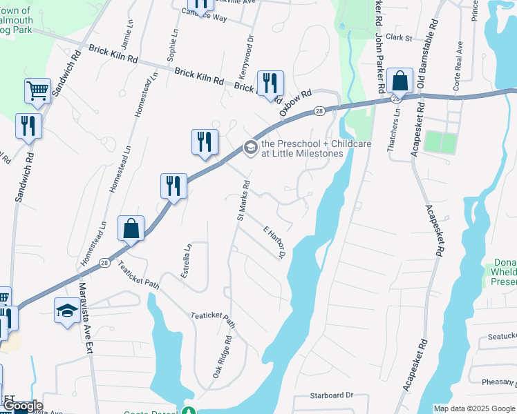 map of restaurants, bars, coffee shops, grocery stores, and more near 10 East Harbor Drive in Falmouth