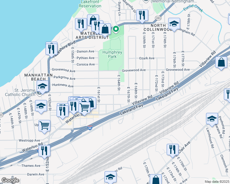 map of restaurants, bars, coffee shops, grocery stores, and more near 16402 Huntmere Avenue in Cleveland