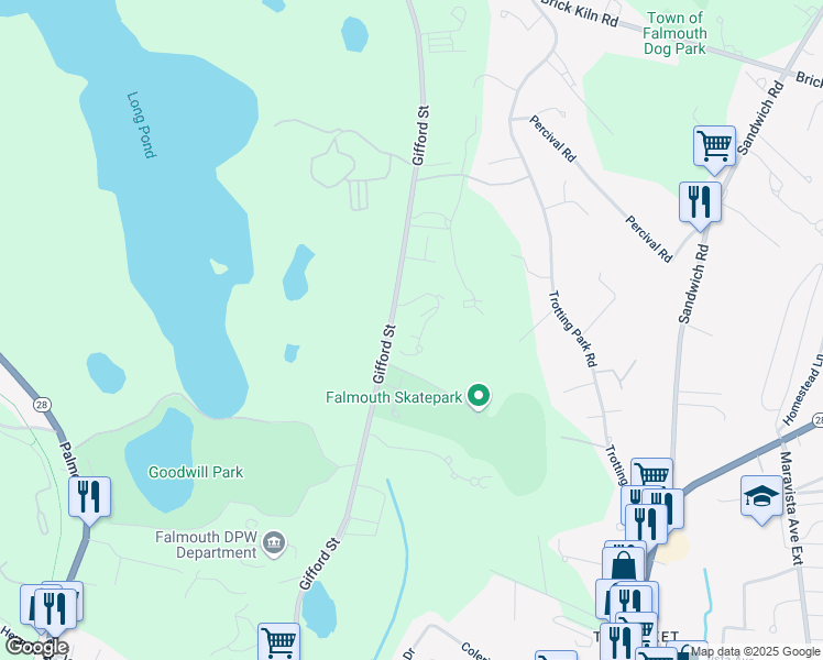 map of restaurants, bars, coffee shops, grocery stores, and more near 72 Pine Valley Drive in Falmouth