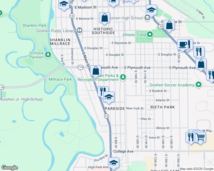 map of restaurants, bars, coffee shops, grocery stores, and more near 1005 South 8th Street in Goshen