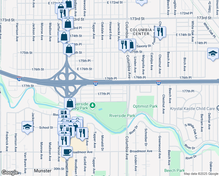 map of restaurants, bars, coffee shops, grocery stores, and more near 1050 177th Street in Hammond