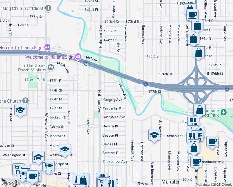 map of restaurants, bars, coffee shops, grocery stores, and more near 237 Adelaide Place in Munster
