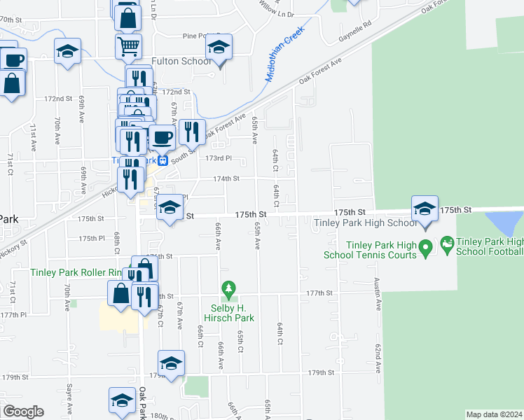 map of restaurants, bars, coffee shops, grocery stores, and more near 6456 175th Street in Tinley Park