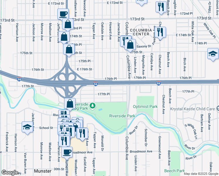 map of restaurants, bars, coffee shops, grocery stores, and more near 1050 177th Street in Hammond