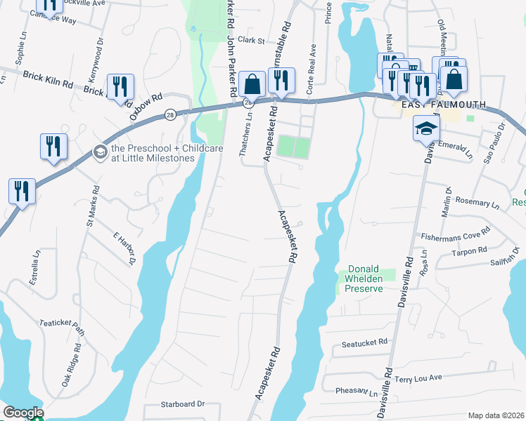 map of restaurants, bars, coffee shops, grocery stores, and more near 91 Acapesket Road in Falmouth