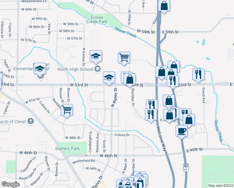 map of restaurants, bars, coffee shops, grocery stores, and more near 5209 North Ripley Street in Davenport