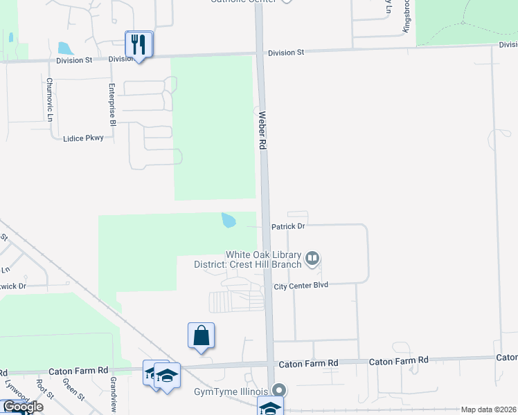 map of restaurants, bars, coffee shops, grocery stores, and more near 17062 Weber Road in Lockport