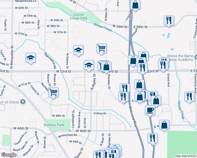 map of restaurants, bars, coffee shops, grocery stores, and more near 211 West 53rd Street in Davenport