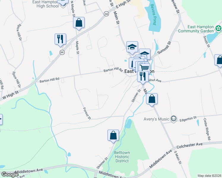 map of restaurants, bars, coffee shops, grocery stores, and more near 9 Crescent Street in East Hampton