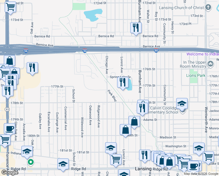 map of restaurants, bars, coffee shops, grocery stores, and more near 17730 Chicago Avenue in Lansing