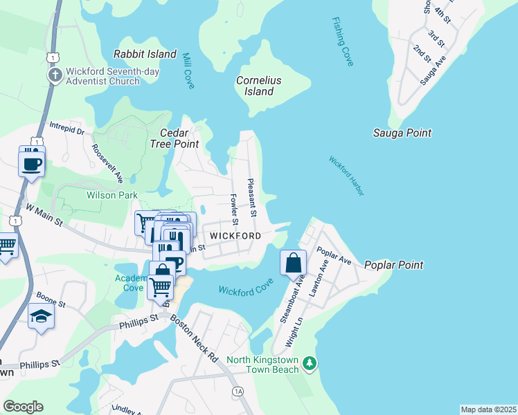 map of restaurants, bars, coffee shops, grocery stores, and more near 55 Pleasant Street in North Kingstown