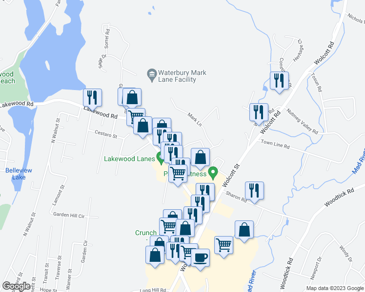 map of restaurants, bars, coffee shops, grocery stores, and more near 26 Craftwood Road in Waterbury