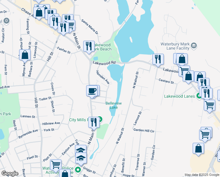map of restaurants, bars, coffee shops, grocery stores, and more near 82 Hamden Avenue in Waterbury