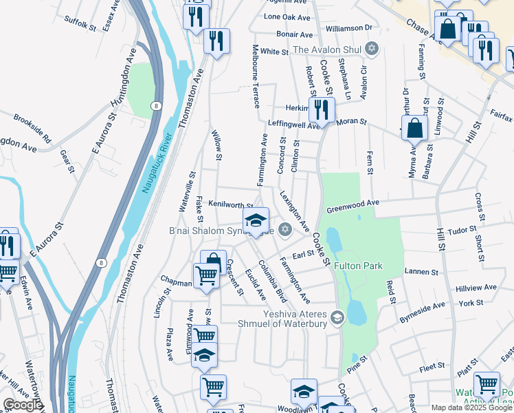 map of restaurants, bars, coffee shops, grocery stores, and more near 326 Farmington Avenue in Waterbury