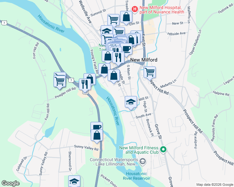 map of restaurants, bars, coffee shops, grocery stores, and more near 45 West Street in New Milford