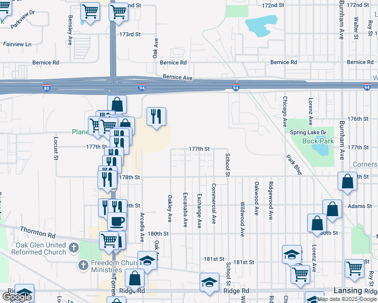map of restaurants, bars, coffee shops, grocery stores, and more near 17702 Exchange Avenue in Lansing