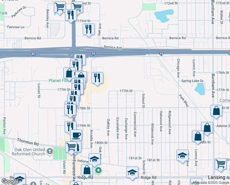 map of restaurants, bars, coffee shops, grocery stores, and more near 17701 Oakley Avenue in Lansing