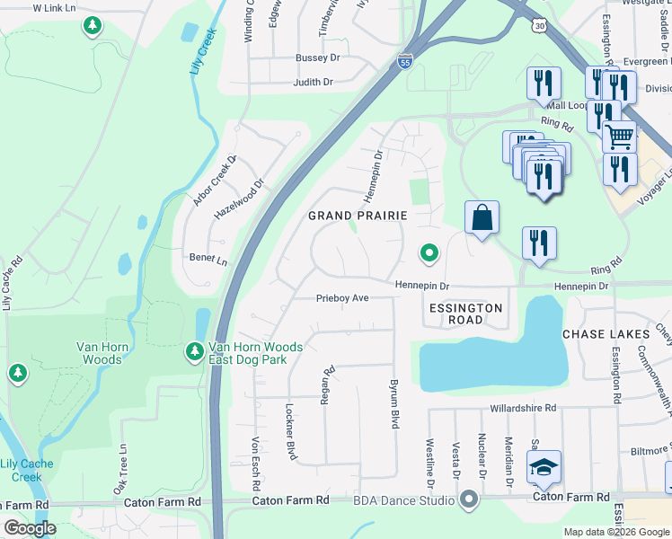 map of restaurants, bars, coffee shops, grocery stores, and more near 3717 Hennepin Drive in Joliet