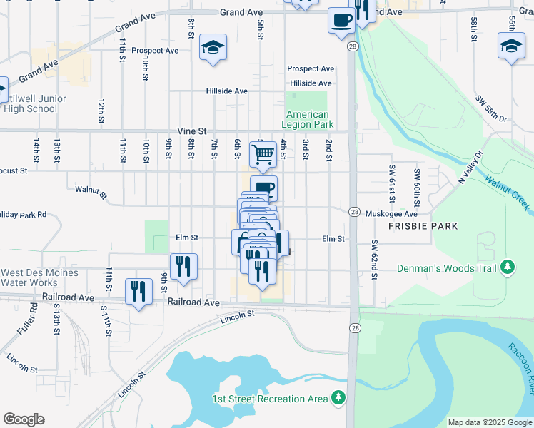 map of restaurants, bars, coffee shops, grocery stores, and more near 409 Walnut Street in West Des Moines