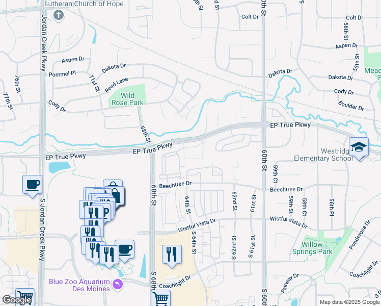 map of restaurants, bars, coffee shops, grocery stores, and more near 6440 EP True Parkway in West Des Moines