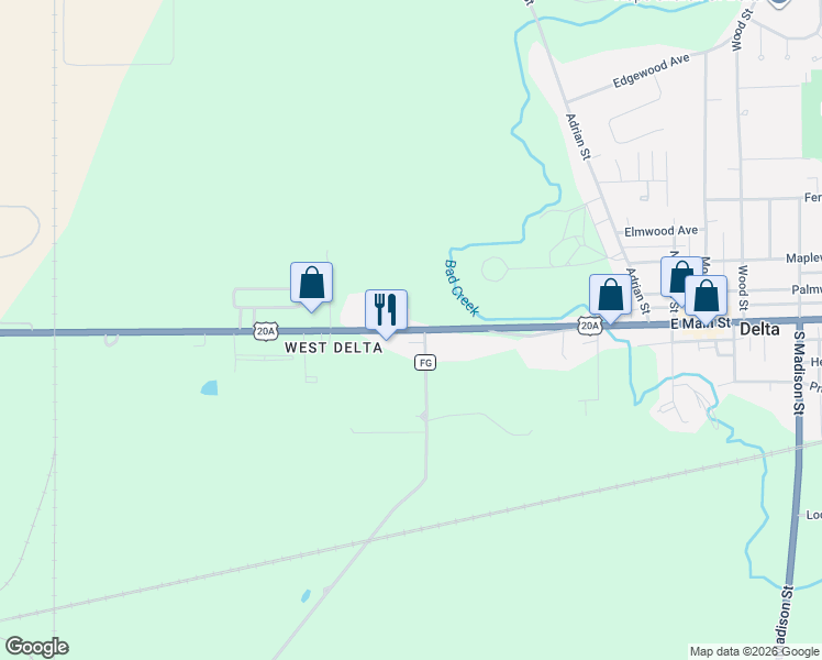 map of restaurants, bars, coffee shops, grocery stores, and more near Ohio 109 in Delta