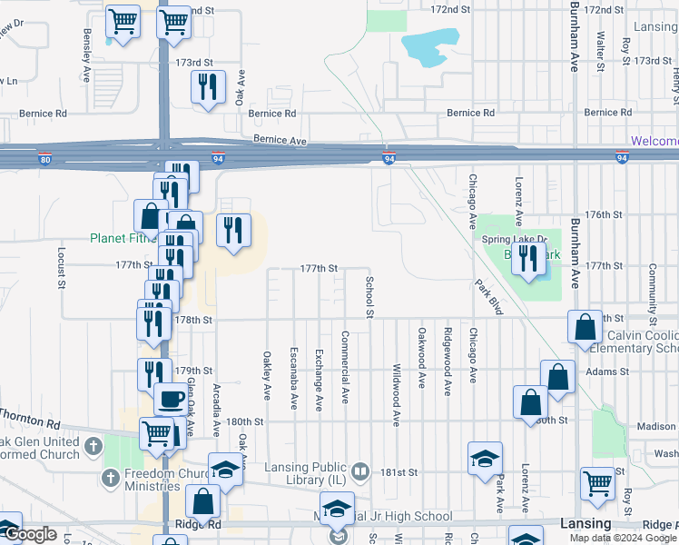 map of restaurants, bars, coffee shops, grocery stores, and more near 17704 Commercial Avenue in Lansing