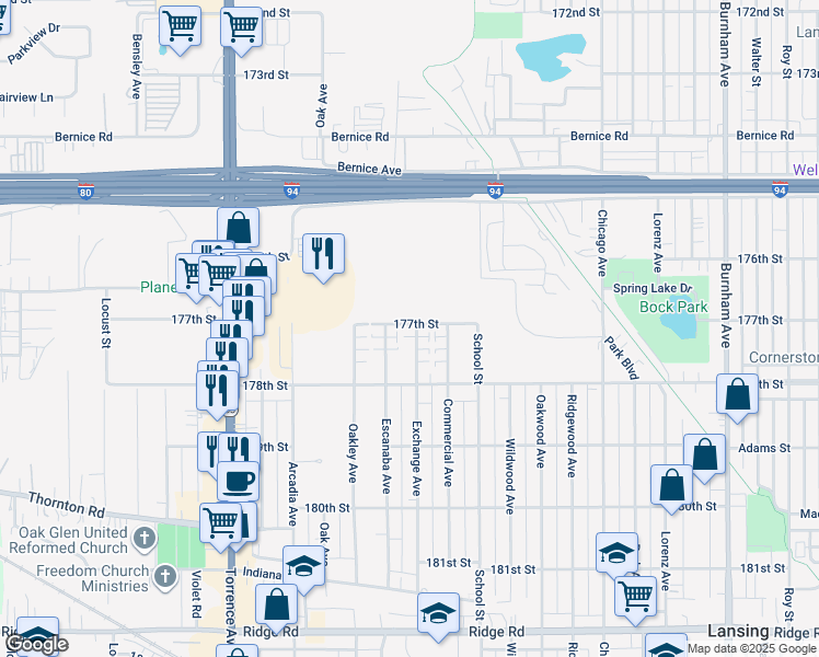 map of restaurants, bars, coffee shops, grocery stores, and more near 17702 Exchange Avenue in Lansing