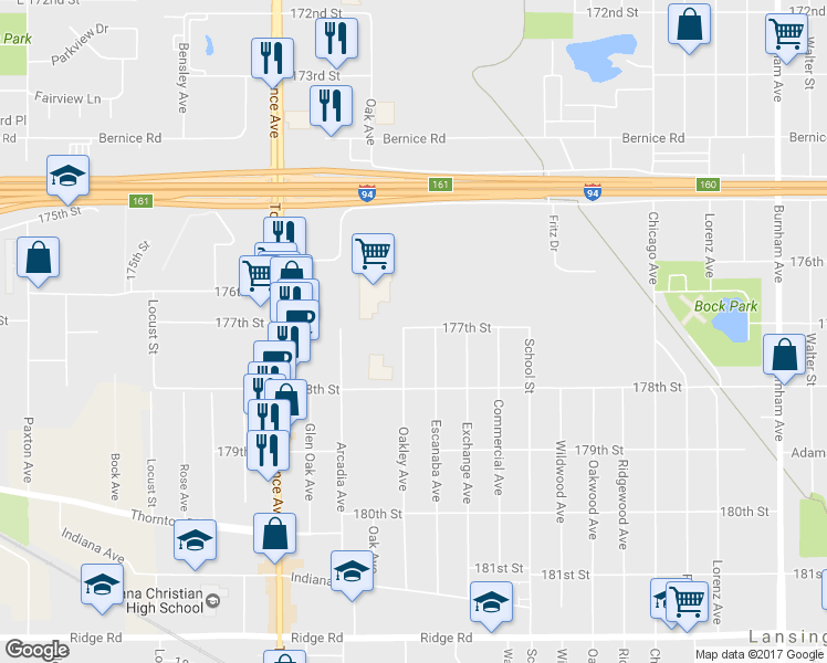 map of restaurants, bars, coffee shops, grocery stores, and more near 17701 Oakley Avenue in Lansing