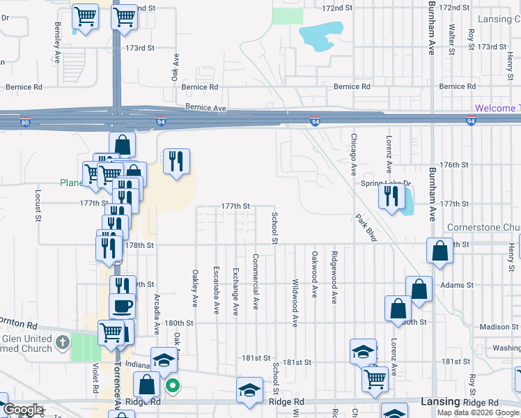 map of restaurants, bars, coffee shops, grocery stores, and more near 17701 Commercial Avenue in Lansing