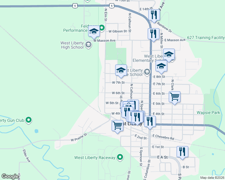 map of restaurants, bars, coffee shops, grocery stores, and more near 216 West 7th Street in West Liberty