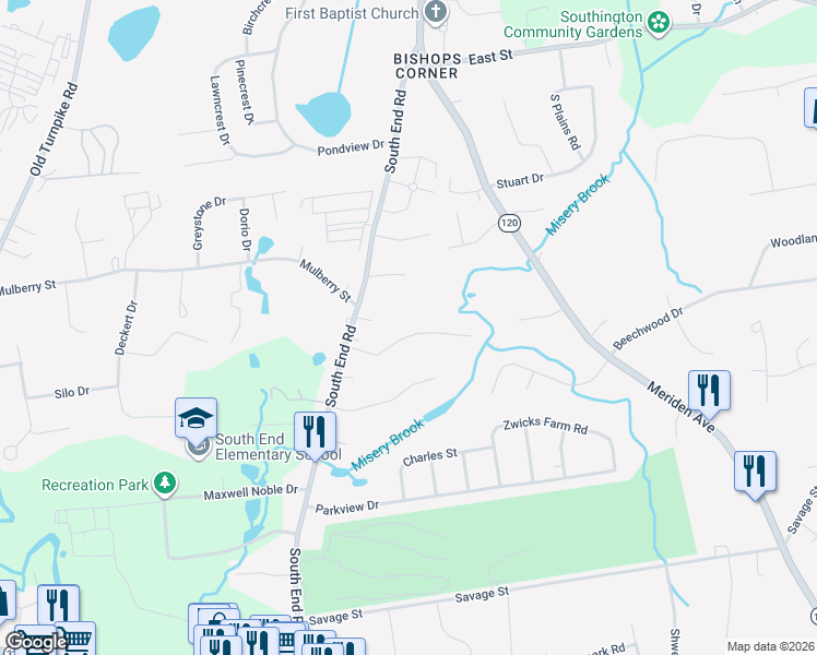 map of restaurants, bars, coffee shops, grocery stores, and more near 23 Brooklane Road in Southington