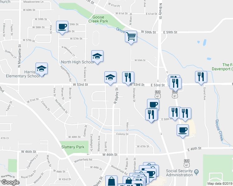 map of restaurants, bars, coffee shops, grocery stores, and more near 5216 North Ripley Street in Davenport