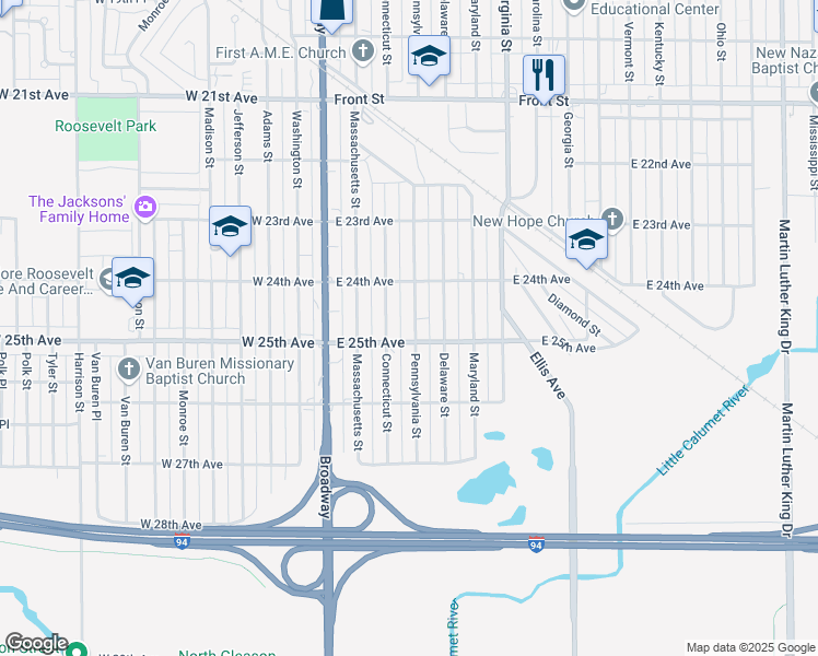 map of restaurants, bars, coffee shops, grocery stores, and more near 2451 Pennsylvania St in Gary