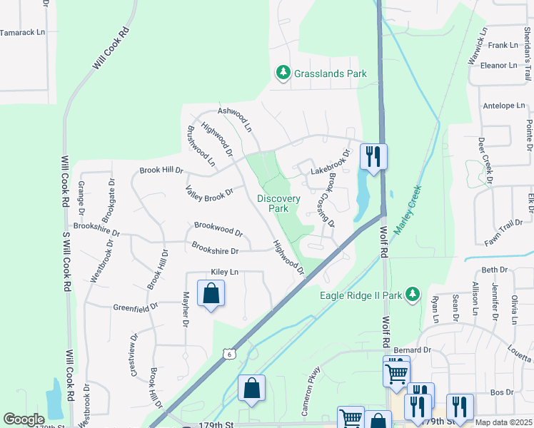 map of restaurants, bars, coffee shops, grocery stores, and more near 17389 Highwood Drive in Orland Park