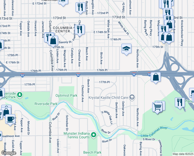 map of restaurants, bars, coffee shops, grocery stores, and more near 1554 177th Street in Hammond