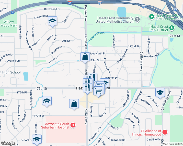 map of restaurants, bars, coffee shops, grocery stores, and more near 17402 Poe Avenue in Hazel Crest