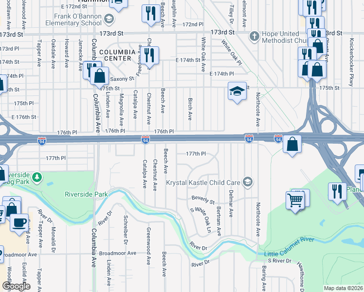 map of restaurants, bars, coffee shops, grocery stores, and more near 1554 177th Street in Hammond