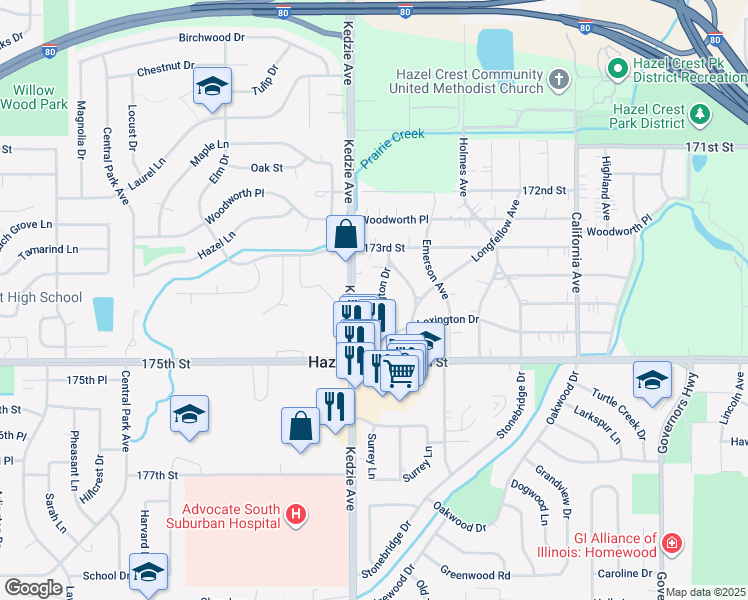 map of restaurants, bars, coffee shops, grocery stores, and more near 17402 Poe Avenue in Hazel Crest