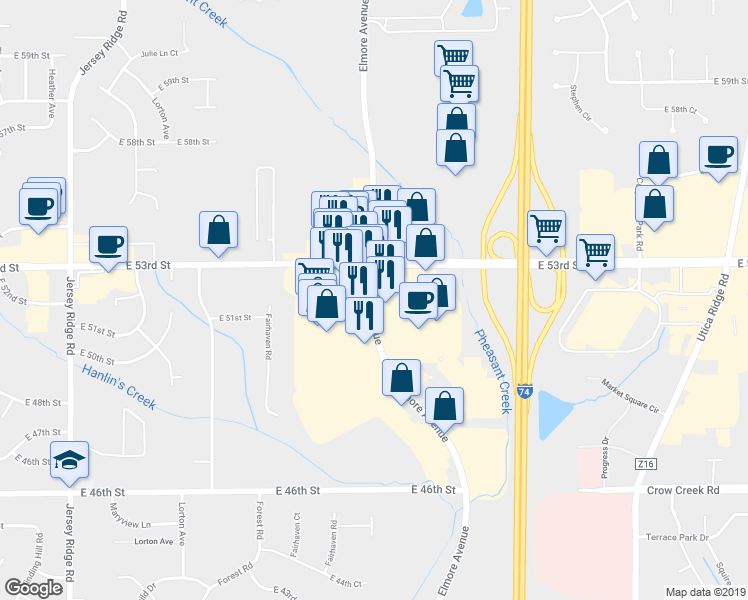 map of restaurants, bars, coffee shops, grocery stores, and more near 5208 Elmore Avenue in Davenport
