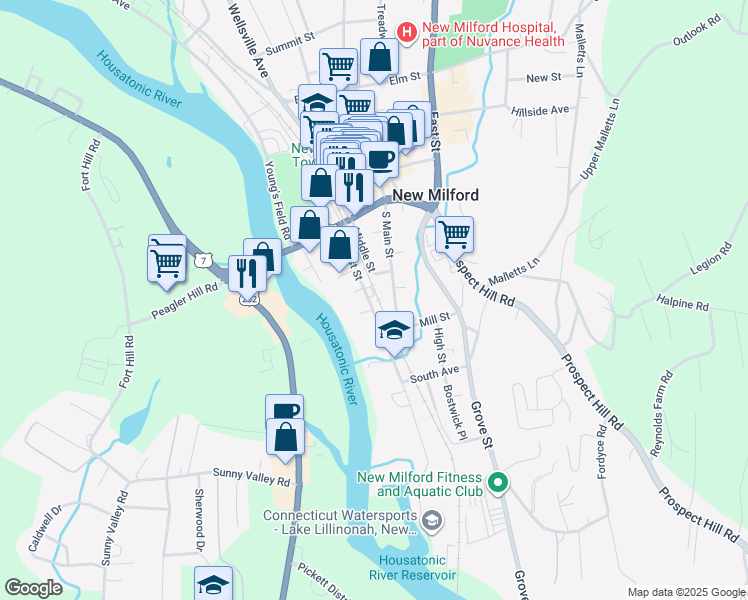 map of restaurants, bars, coffee shops, grocery stores, and more near 45 West Street in New Milford