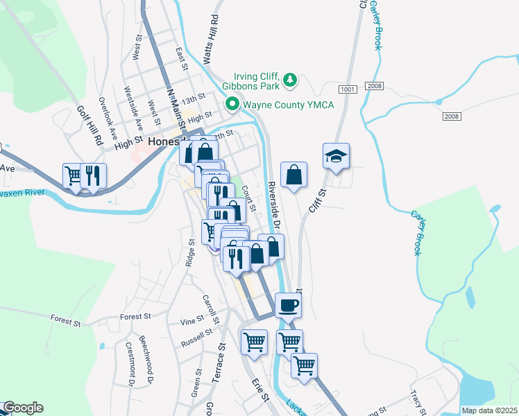 map of restaurants, bars, coffee shops, grocery stores, and more near 308 9th Street in Honesdale